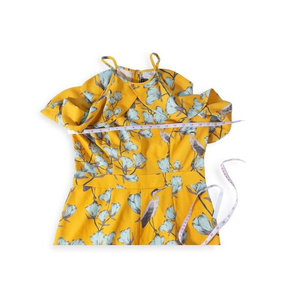 Anthropologie Varun Bahl Warbler yellow ruffle trim jumpsuit SZ 8 Heron Print - Picture 9 of 10